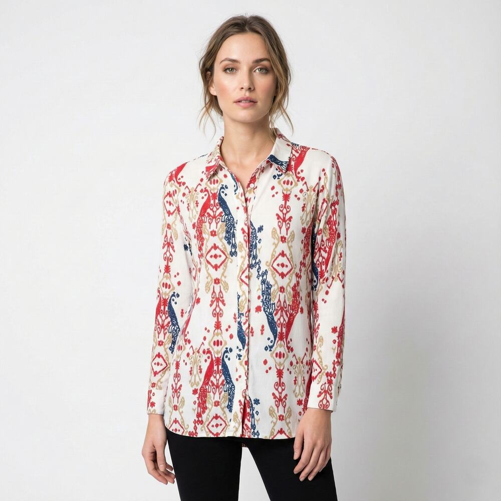 BEL KAZAN Button up Shirt in white with Print size Small